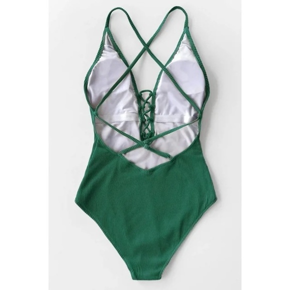 Women's Green V Neck One Piece Green Swimsuit Lace up Monokini NWT Size XL - Picture 2 of 2